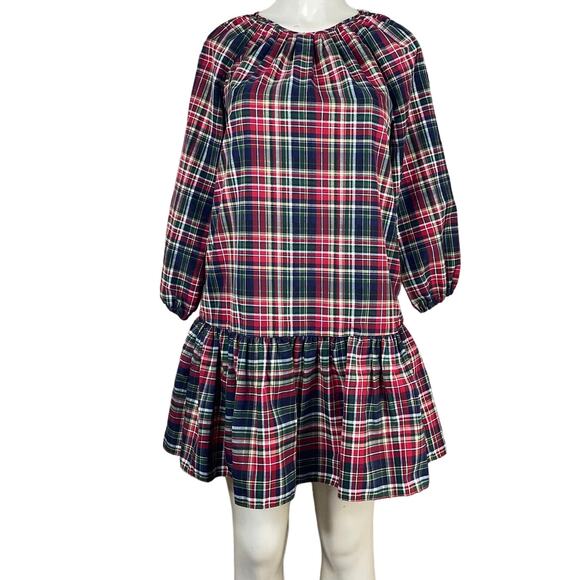 LDT Rachel Plaid Round Neck 3/4 Puff Sleeve Ruffled Poof Waistless Dress SIze 6 - Picture 1 of 12